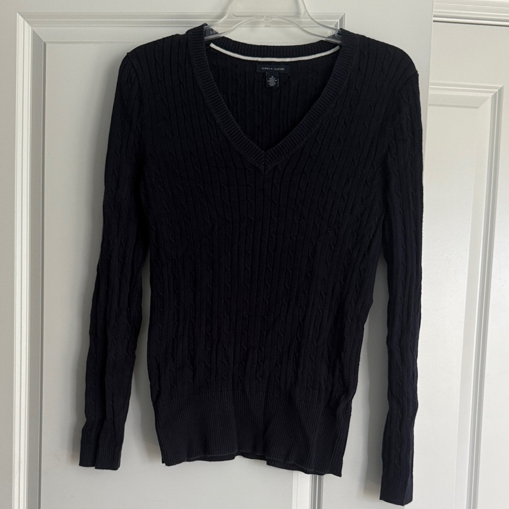 Tommy Hilfiger Navy Blue Cable Knit V-Neck Sweater